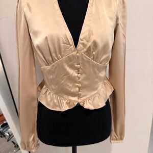 Idem Ditto Corset Peplum Blouse Sand Long Sleeve Button Front Size S